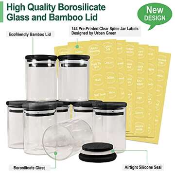 Urban Green Glass Jars with Black Lids, Glass Food Storage Canisters with airtight lids, Glass Spice...