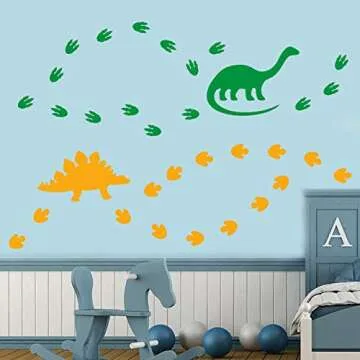 Creative Dinosaur Wall Decals, DIY Adorable Animal Dinosaur Footprints and Paw Print Wall Sticker for Kids Room Classroom Decoration, Orange,Blue,Yellow,Green (74 Pcs)
