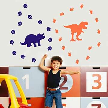 Creative Dinosaur Wall Decals, DIY Adorable Animal Dinosaur Footprints and Paw Print Wall Sticker for Kids Room Classroom Decoration, Orange,Blue,Yellow,Green (74 Pcs)
