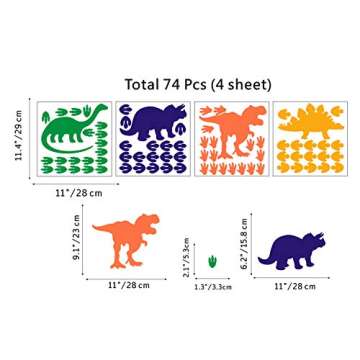 Creative Dinosaur Wall Decals, DIY Adorable Animal Dinosaur Footprints and Paw Print Wall Sticker for Kids Room Classroom Decoration, Orange,Blue,Yellow,Green (74 Pcs)