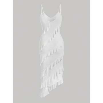 MakeMeChic Women's Elegant V Neck Ruffle Trim Cocktail Dress Spaghetti Strap Asymmetrical Hem Midi Dress White S