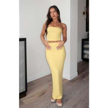 Two Piece Skirt Outfits for Women Sleeveless Tube Tops Bodycon Sexy Maxi Dress 2 Piece Summer Y2K Vacation Set Yellow-L