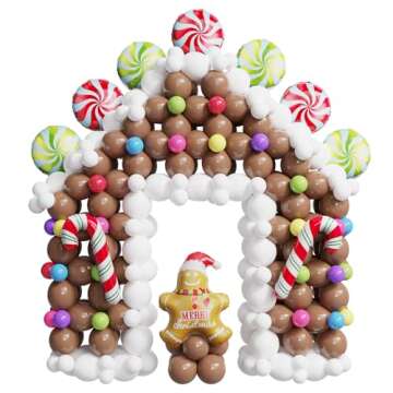 440 Pcs Christmas Gingerbread House Balloon Kit, Brown White Balloon Arch Garland with Lollipops, Ca...