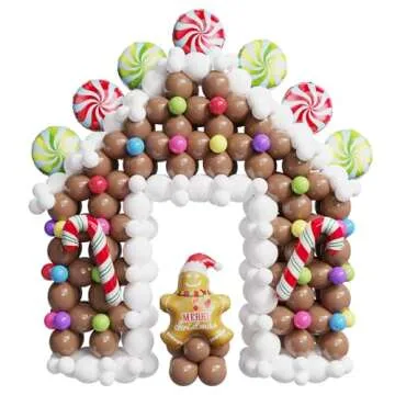 440 Pcs Christmas Gingerbread House Balloon Kit, Brown White Balloon Arch Garland with Lollipops, Ca...