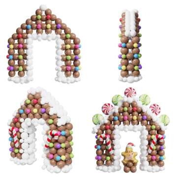 440 Pcs Christmas Gingerbread House Balloon Kit, Brown White Balloon Arch Garland with Lollipops, Candy Canes, Gingerbread Man for Merry XMAS Holiday New Year Winter Party Decorations