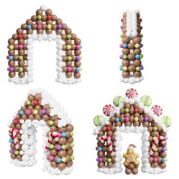 440 Pcs Christmas Gingerbread House Balloon Kit, Brown White Balloon Arch Garland with Lollipops, Candy Canes, Gingerbread Man for Merry XMAS Holiday New Year Winter Party Decorations