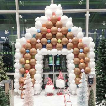 440 Pcs Christmas Gingerbread House Balloon Kit, Brown White Balloon Arch Garland with Lollipops, Candy Canes, Gingerbread Man for Merry XMAS Holiday New Year Winter Party Decorations