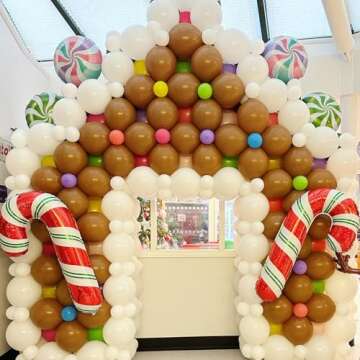 440 Pcs Christmas Gingerbread House Balloon Kit, Brown White Balloon Arch Garland with Lollipops, Candy Canes, Gingerbread Man for Merry XMAS Holiday New Year Winter Party Decorations