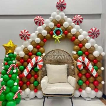 440 Pcs Christmas Gingerbread House Balloon Kit, Brown White Balloon Arch Garland with Lollipops, Candy Canes, Gingerbread Man for Merry XMAS Holiday New Year Winter Party Decorations