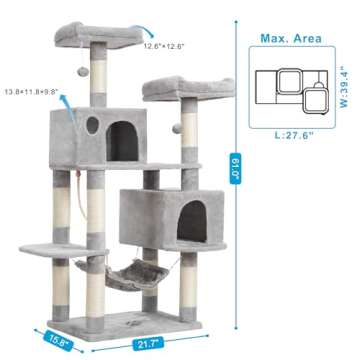 Hey-brother Large Multi-Level Cat Tree Condo Furniture with Sisal-Covered Scratching Posts, 2 Bigger Plush Condos, Perch Hammock for Kittens, Cats and Pets Light Gray MPJ020W