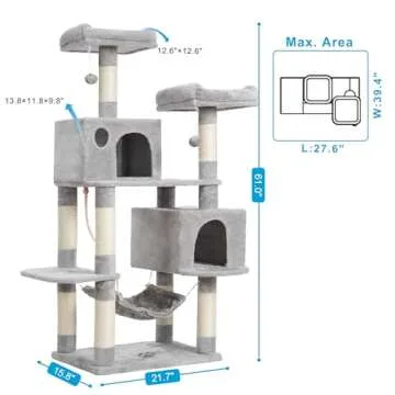 Hey-brother Large Multi-Level Cat Tree Condo Furniture with Sisal-Covered Scratching Posts, 2 Bigger Plush Condos, Perch Hammock for Kittens, Cats and Pets Light Gray MPJ020W