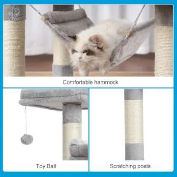 Hey-brother Large Multi-Level Cat Tree Condo Furniture with Sisal-Covered Scratching Posts, 2 Bigger Plush Condos, Perch Hammock for Kittens, Cats and Pets Light Gray MPJ020W