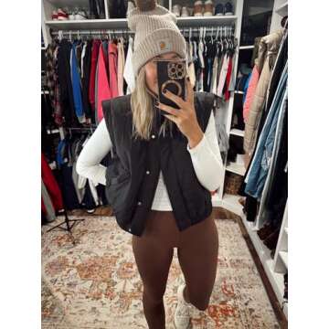 SKIKYAN Women Quilted Puffer Vest Button Down Scrunch Sleeveless Winter Stand Collar Padded Gilet with Pockets(Black-S)