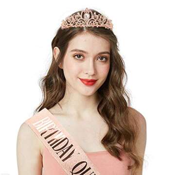 "Birthday Queen" Sash & Rhinestone Tiara Set COCIDE Rose Gold Birthday Sash and Tiara for Women Birt...