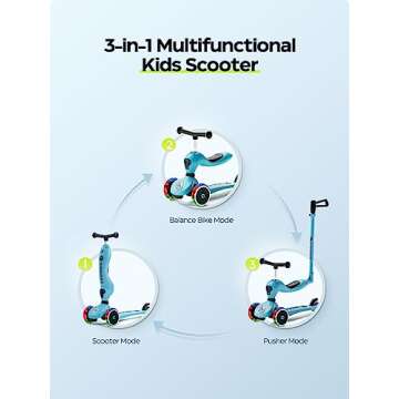 COOGHI Toddler Scooter, 3-in-1 Kids Scooter with Flashing Wheels, Adjustable Parent Push Bar & Seat & Handlebar, 3 Wheel Scooter for Kids Ages 1-5, Blue