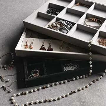 Frebeauty Stackable Velvet Jewelry Organizer Trays for Drawers Inserts Jewelry Storage Tray Display Case Earrings Bracelets Necklace Rings Accessories Trays for Women(Set of 4)(Grey).