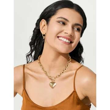 CLASSYZINT Gold Chunky Puffy Heart Pendant Necklaces for Women, Big Heart Chain Link Necklace Toggle Clasp Heart Charm Necklaces