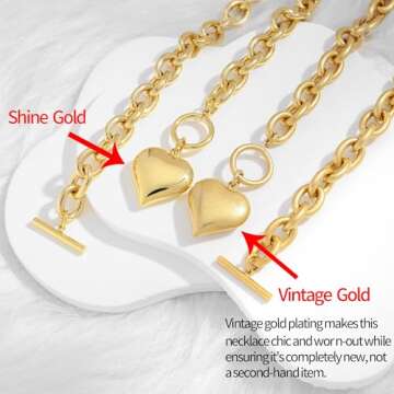 CLASSYZINT Gold Chunky Puffy Heart Pendant Necklaces for Women, Big Heart Chain Link Necklace Toggle Clasp Heart Charm Necklaces