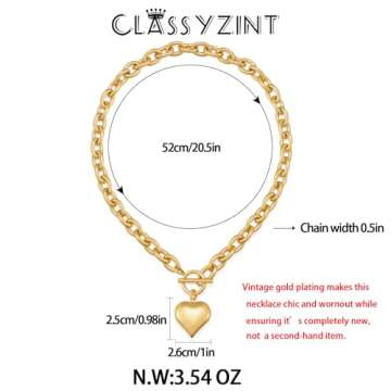 CLASSYZINT Gold Chunky Puffy Heart Pendant Necklaces for Women, Big Heart Chain Link Necklace Toggle Clasp Heart Charm Necklaces