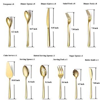 Gold Silverware Set 46 Piece, Stainless Steel Flatware Set, Cutlery Set, Utensil Sets, With Cake Server, Serving Spoon, Slotted Serving Spoon, Serving Fork, Sugar Spoon, Butter Knife (Shiny Gold)