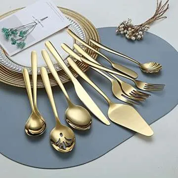 Gold Silverware Set 46 Piece, Stainless Steel Flatware Set, Cutlery Set, Utensil Sets, With Cake Server, Serving Spoon, Slotted Serving Spoon, Serving Fork, Sugar Spoon, Butter Knife (Shiny Gold)