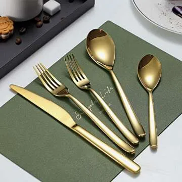 Gold Silverware Set 46 Piece, Stainless Steel Flatware Set, Cutlery Set, Utensil Sets, With Cake Server, Serving Spoon, Slotted Serving Spoon, Serving Fork, Sugar Spoon, Butter Knife (Shiny Gold)
