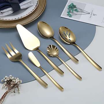 Gold Silverware Set 46 Piece, Stainless Steel Flatware Set, Cutlery Set, Utensil Sets, With Cake Server, Serving Spoon, Slotted Serving Spoon, Serving Fork, Sugar Spoon, Butter Knife (Shiny Gold)