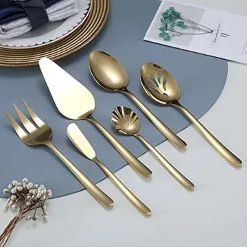 Gold Silverware Set 46 Piece, Stainless Steel Flatware Set, Cutlery Set, Utensil Sets, With Cake Server, Serving Spoon, Slotted Serving Spoon, Serving Fork, Sugar Spoon, Butter Knife (Shiny Gold)
