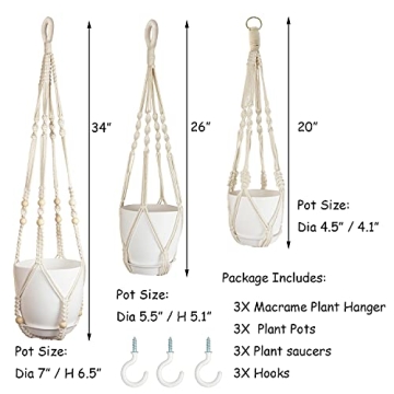 Macrame Plant Hangers with Pots 3 Pack for Indoor Plants