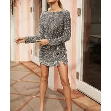 R.Vivimos Women's Sequin Bodycon Dress Fall Winter Velvet Warm Long Sleeve Crew Neck Sexy Backless Glitter Slit Mini Dress (Medium, Silver)