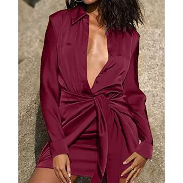 BTFBM Women Button Down Shirts Dresses Satin Long Sleeve Lapel V Neck Elastic Waist Self Tie Knot Club Party Mini Dress(Solid Wine Red, X-Large)