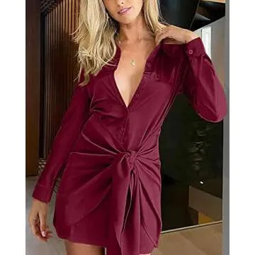 BTFBM Women Button Down Shirts Dresses Satin Long Sleeve Lapel V Neck Elastic Waist Self Tie Knot Club Party Mini Dress(Solid Wine Red, X-Large)