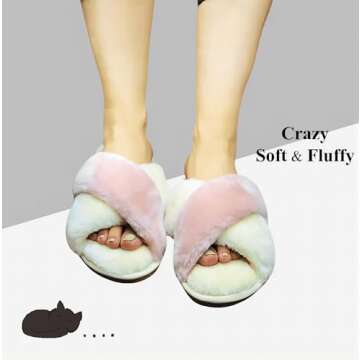 Crazy Lady Women's Fuzzy Fluffy House Slippers Cute Plush Memory Foam Shoes Cross Band Indoor Outdoo...