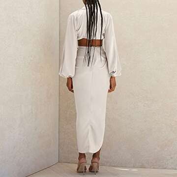 Halfword Women’s Two Piece Outfits Dress Long Sleeve High Slit Dresses Sexy V Neck Crop Top Midi Skirt Sets Y2K White M