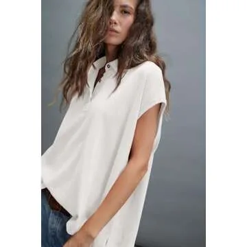 Tankaneo Womens Oversized Cap Sleeve Polo Shirts Summer Casual V Neck Tops Loose Fit Collared Cotton Tee Shirts White