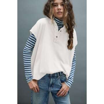 Tankaneo Womens Oversized Cap Sleeve Polo Shirts Summer Casual V Neck Tops Loose Fit Collared Cotton Tee Shirts White