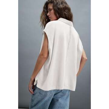 Tankaneo Womens Oversized Cap Sleeve Polo Shirts Summer Casual V Neck Tops Loose Fit Collared Cotton Tee Shirts White