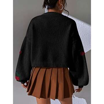 MakeMeChic Women's Floral Applique Lantern Sleeve Open Front Cropped Cardigan Sweater Cherry Black S
