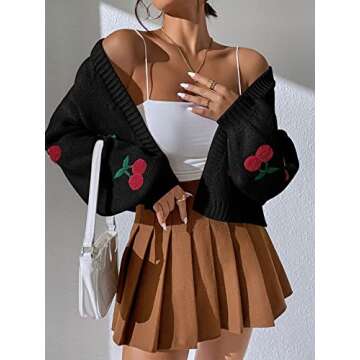 MakeMeChic Women's Floral Applique Lantern Sleeve Open Front Cropped Cardigan Sweater Cherry Black S