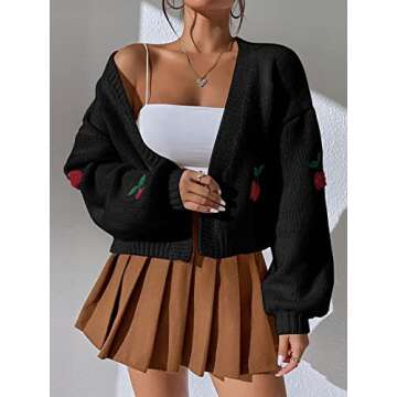 MakeMeChic Women's Floral Applique Lantern Sleeve Open Front Cropped Cardigan Sweater Cherry Black S