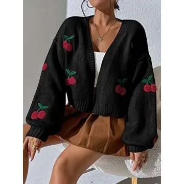 MakeMeChic Women's Floral Applique Lantern Sleeve Open Front Cropped Cardigan Sweater Cherry Black S