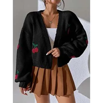 MakeMeChic Women's Floral Applique Lantern Sleeve Open Front Cropped Cardigan Sweater Cherry Black S