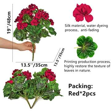 QIANYUN 2Pcs 19'' Realistic Artificial Geranium, Uv Resistant, Wedding Kitchen Garden Table Centerpieces Indoor Outdoor Decor (Red Geranium Flower)