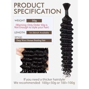 Human Braiding Hair, Boho Braids Human Hair 1 Bundle 50g 18 Inch Deep Water Wave Bulk Human Hair for...