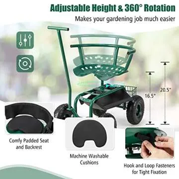 Goplus Rolling Garden Cart, Garden Scooter with Seat & Tool Storage, 2 Steering Handles, Gardening Helper with Wheels, Adjustable Height & 360 Degree Swivel Seat, Outdoor Gardening Workseat, Green