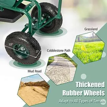 Goplus Rolling Garden Cart, Garden Scooter with Seat & Tool Storage, 2 Steering Handles, Gardening Helper with Wheels, Adjustable Height & 360 Degree Swivel Seat, Outdoor Gardening Workseat, Green