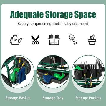 Goplus Rolling Garden Cart, Garden Scooter with Seat & Tool Storage, 2 Steering Handles, Gardening Helper with Wheels, Adjustable Height & 360 Degree Swivel Seat, Outdoor Gardening Workseat, Green