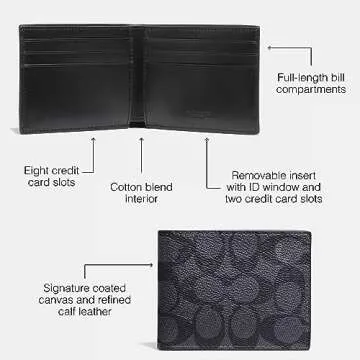 Coach Slim Billfold in Signature, Charcoal/Black Wallet