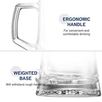 Bormioli Rocco 4-Pack Solid Heavy Large Beer Glasses with Handle - 17.1/4 Ounce Glass Steins, Traditional Beer Mug glasses Set, Perfect Coffee - Tea Glass, Everyday Drinking Glasses, Cocktail Glasses