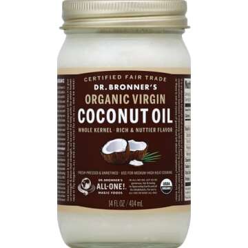 Dr. Bronner's - Organic Virgin Coconut Oil (White Kernel, 14 ounce) - Coconut Oil for Cooking, Baking, Hair & Body, Unrefined & Fresh-Pressed, Mild Flavor, Versatile, Fair Trade, Vegan, Non-GMO